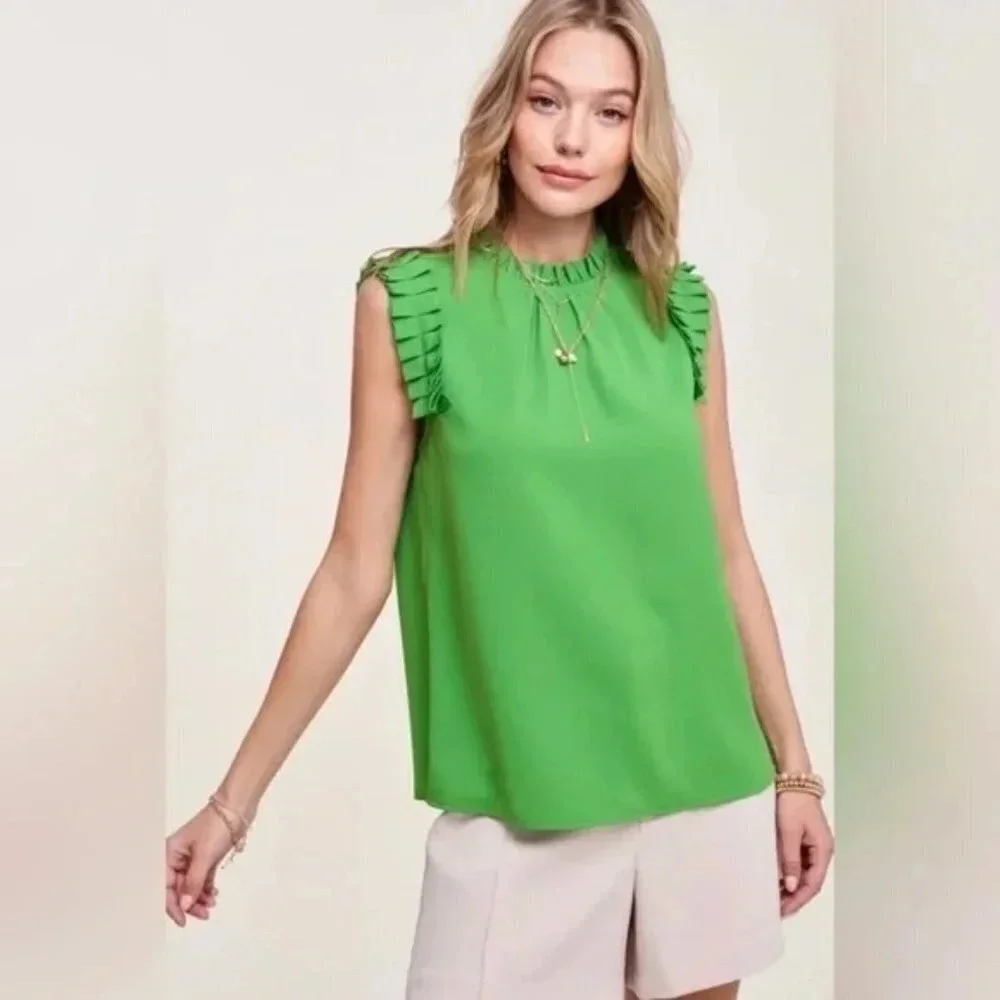 La Miel Green Ruffle Neck Blouse M